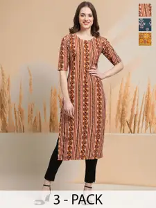 7Threads Selection Of 3 Ethnic Motifs Printed Neck Straight Kurtas