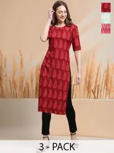 7Threads Selection of 3 Ethnic Motifs Printed Round Neck Straight Kurtas
