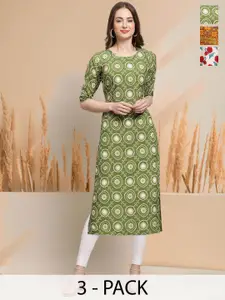 7Threads Selection Of 3 Floral Printed Round Neck Straight Kurtas