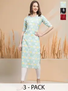 7Threads Selection Of 3 Ethnic Motifs Printed Round Neck Straight Kurtas
