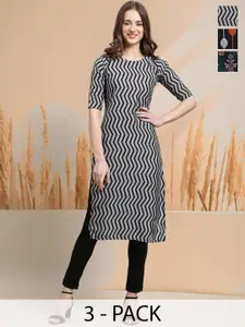 7Threads Selection of 3 Chevron Printed Round Neck Straight Kurtas
