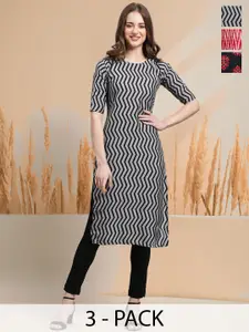 7Threads Selection Of 3 Chevron Printed Round Neck Straight Kurtas