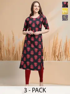 7Threads Selection Of 3 Floral Printed Round Neck Straight Kurtas