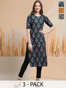 7Threads Selection Of 3 Floral Printed Round Neck Straight Kurtas