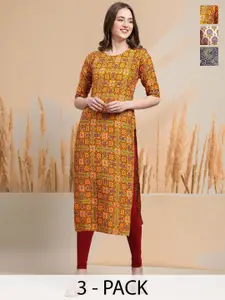 7Threads Selection Of 3 Ethnic Motifs Printed Round Neck Straight Kurtas