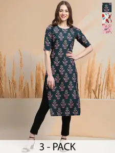 7Threads Selection of 3 Floral Printed Round Neck Straight Kurtas