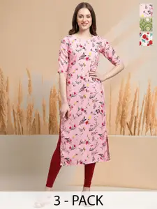 7Threads Selection of 3 Floral Printed Round Neck Straight Kurtas