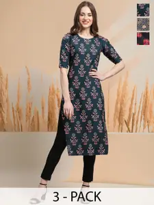7Threads Selection of 3 Floral Printed Round Neck Straight Kurtas