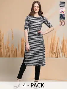7Threads Selection of 4 Chevron Printed Round Neck Straight Kurtas