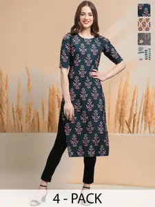7Threads Selection Of 4 Floral Printed Round Neck Straight Kurtas
