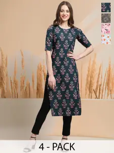 7Threads Selection Of 4 Floral Printed Round Neck Straight Kurtas