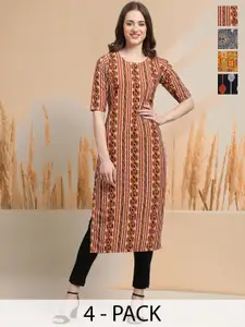 7Threads Selection Of 4 Geometric Printed Round Neck Straight Kurtas