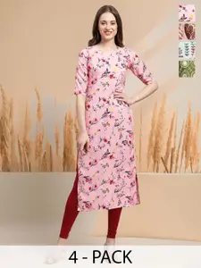 7Threads Selection Of 4 Floral Printed Round Neck Straight Kurtas