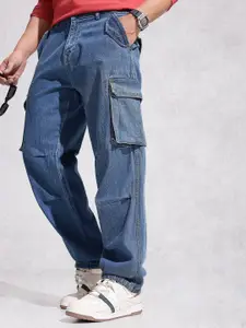 WROGN Men Loose Cargo Fit Mid-Rise Light Fade Stretchable Pure Cotton Jeans