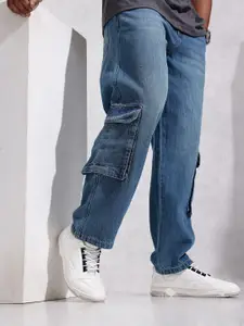 WROGN Men Loose Fit Mid-Rise Light Fade Pure Cotton Cargo Jeans