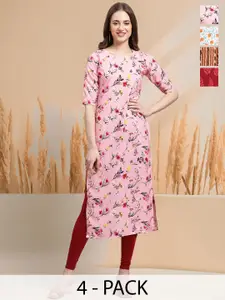 7Threads Selection Of 4 Floral Printed Round Neck Straight Kurtas