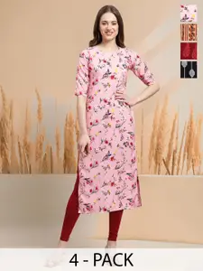 7Threads Selection Of 4 Floral Printed Round Neck Straight Kurtas