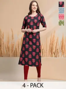 7Threads Selection Of 4 Floral Printed Round Neck Straight Kurtas