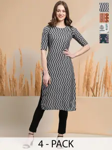 7Threads Selection Of 4 Chevron Printed Round Neck Straight Kurtas