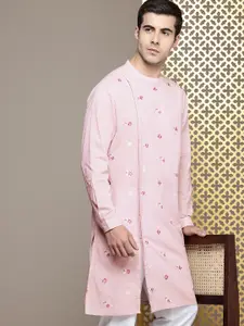 House of Pataudi Floral Embroidered Band Collar Pure Cotton Jashn Kurta