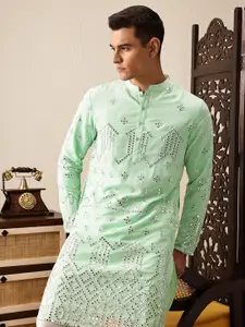 House of Pataudi Embroidered Mandarin Collar Mirror Work Jashn Kurta