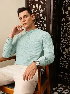 House of Pataudi Striped Band Collar Rozana Kurta