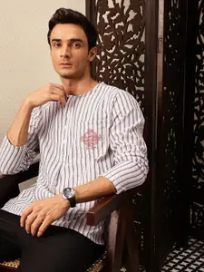 House of Pataudi Striped Thread Work Detail Rozana Kurta