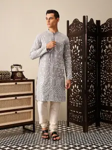 House of Pataudi Embroidered Mandarin Collar Mirror Work Jashn Kurta