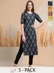 7Threads Selection of 5 Floral Printed Round Neck Straight Kurtas
