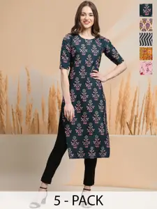 7Threads Selection Of 5 Floral Printed Round Neck Straight Kurtas