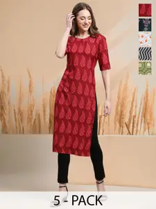 7Threads Selection of 5 Floral Printed Round Neck Straight Kurtas