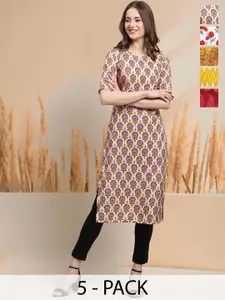 7Threads Selection Of 5 Floral Printed Round Neck Straight Kurtas
