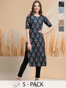 7Threads Selection of 5 Floral Printed Round Neck Straight Kurtas