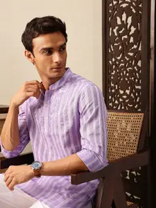 House of Pataudi Striped Mandarin Collar Thread Work Jashn Kurta