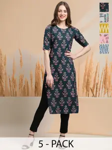 7Threads Selection Of 5 Floral Printed Round Neck Straight Kurtas