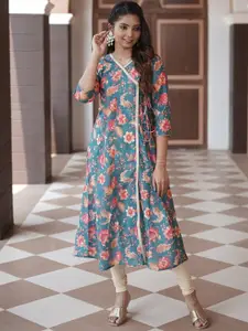 GO BOUJEE Floral Printed V-Neck Pure Silk Angrakha A-Line Kurta