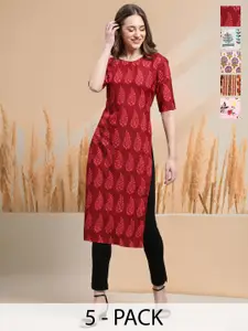7Threads Selection Of 5 Floral Printed Round Neck Straight Kurtas