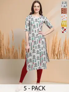7Threads Selection Of 5 Floral Printed Round Neck Straight Kurtas
