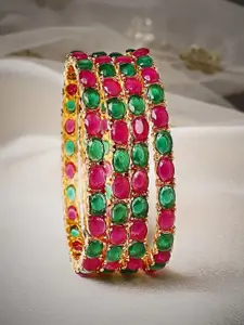 Rubans Set of 4 18K Gold Plated Ruby Pink & Emerald Green Stone Bangles