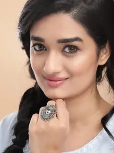 Rubans Oxidized Silver Plated Intricate Sunburst Adjustable Statement Ring