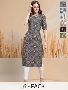 7Threads Selection Of 6 Geometric Printed Round Neck Straight Kurtas
