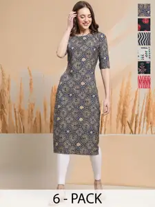 7Threads Selection Of 6 Ethnic Motifs Printed Round Neck Straight Kurtas