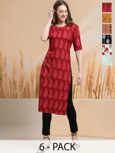 7Threads Selection Of 6 Floral Printed Round Neck Straight Kurtas