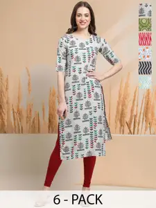 7Threads Selection Of 6 Floral Printed Round Neck Straight Kurtas
