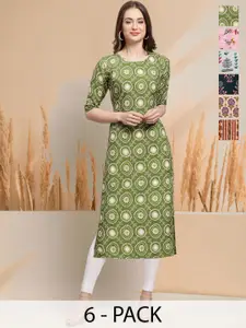 7Threads Selection Of 6 Ethnic Motifs Printed Round Neck Straight Kurtas