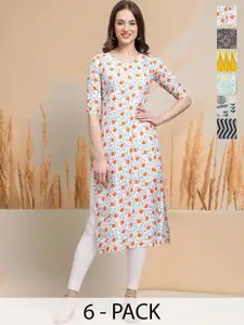 7Threads Selection Of 6 Floral Printed Round Neck Straight Kurtas