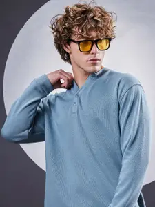 Maniac Men Solid Henley Neck Cotton Oversized T-shirt