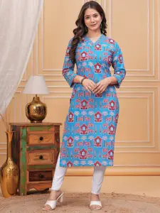 PARTHVI Ethnic Motifs Printed V-Neck Pure Cotton Straight Kurta
