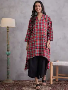 InWeave Checked Flared Sleeves V-Neck Cotton A-Line Kurta