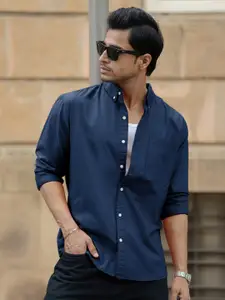 Powerlook Men Button-Down Collar Solid Cotton Casual Shirt